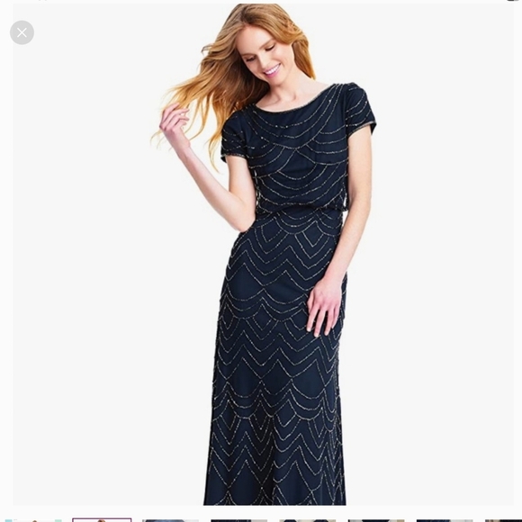 Adrianna Papell Blouson Short Sleeve Embellished Beaded Maxi Gown Navy Size 4 - Picture 2 of 14